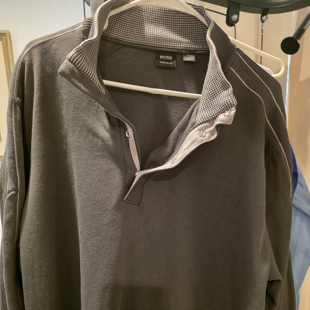 BOSS Charcoal Gray Snap-Neck Pullover with Contrast Houndstooth Collar